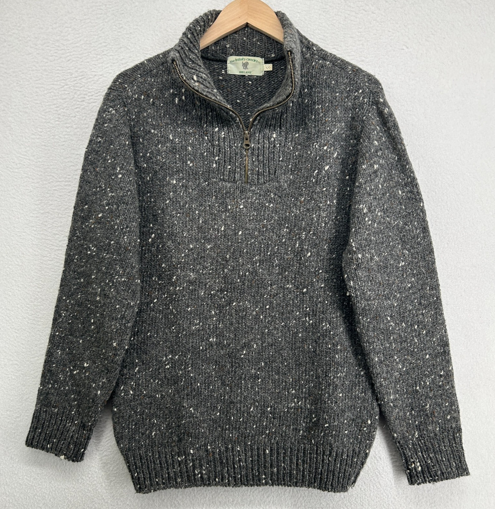 ARAN Sweater Mens S Irish Speckled 100% Merino Wool 1/4 Zip Pullover Jumper Gray